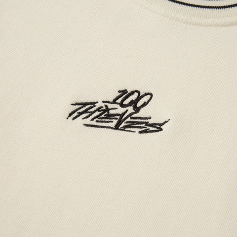 Front detail on Foundations FW'23 Stripe Crewneck - Cream