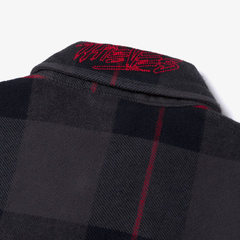 Collar detail on Foundations FW'24 Flannel OverShirt - Black