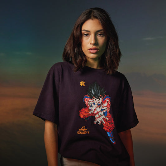 Model in Goku T-shirt - Plum