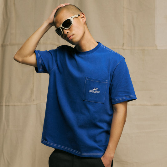 Model in Oversized Pocket T-shirt - Royal