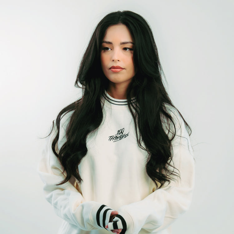 Valkyrae in Foundations FW'23 Stripe Crewneck - Cream