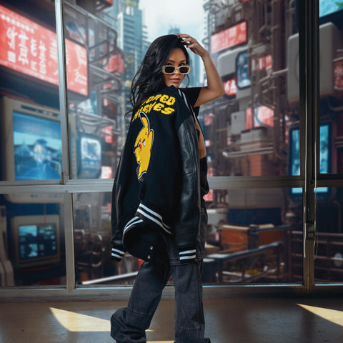 Valkyrae in Pikachu Golden Bear Varsity Jacket - Black