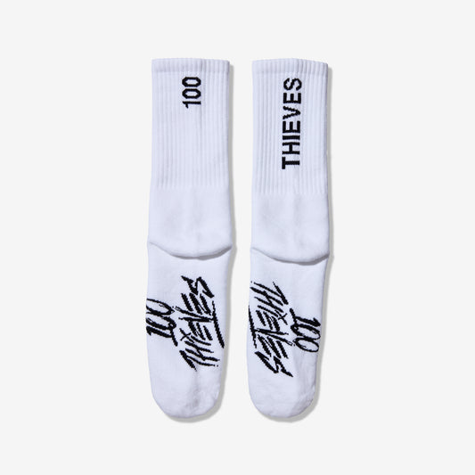 Foundations Crew Sock in White- "100 Thieves" Labeled on Sock