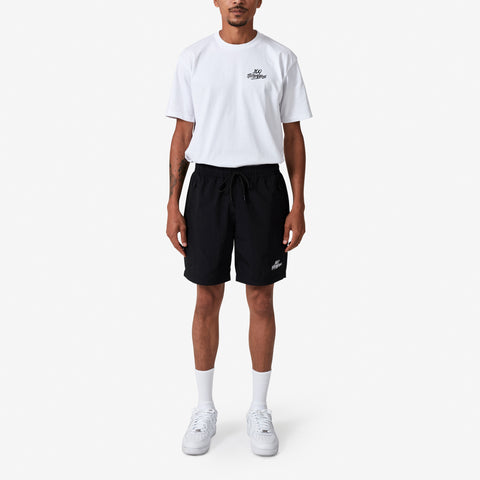 100 Thieves Foundations nylon short with extra wide elastic waistband and 100 Thieves metal aglet tipped drawstrings in color black.