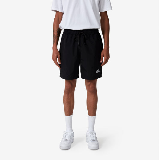 100 Thieves Foundations nylon short with extra wide elastic waistband and 100 Thieves metal aglet tipped drawstrings in color black.