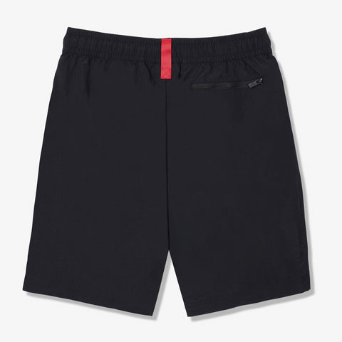 back of 100 Thieves Foundations nylon short with extra wide elastic waistband and 100 Thieves metal aglet tipped drawstrings in color black.